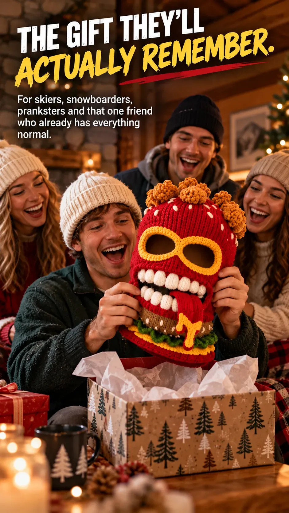 Burger Monster knit ski mask opened as a funny winter gift