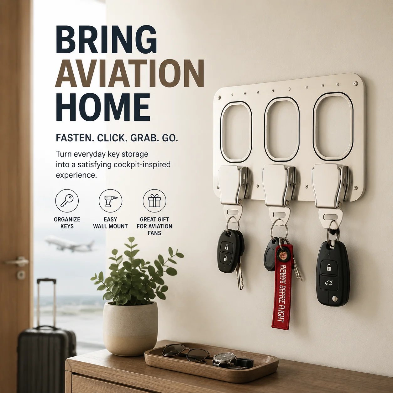 Aviation-inspired wall-mounted key organizer