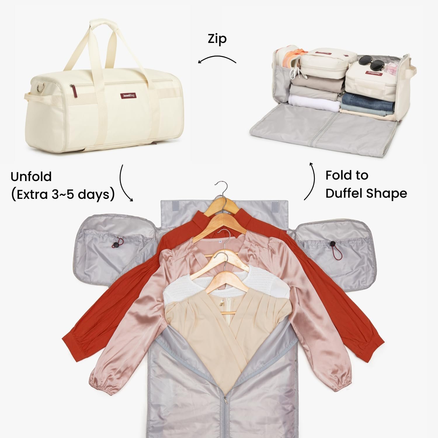 Convertible garment carrier folding into a travel duffel