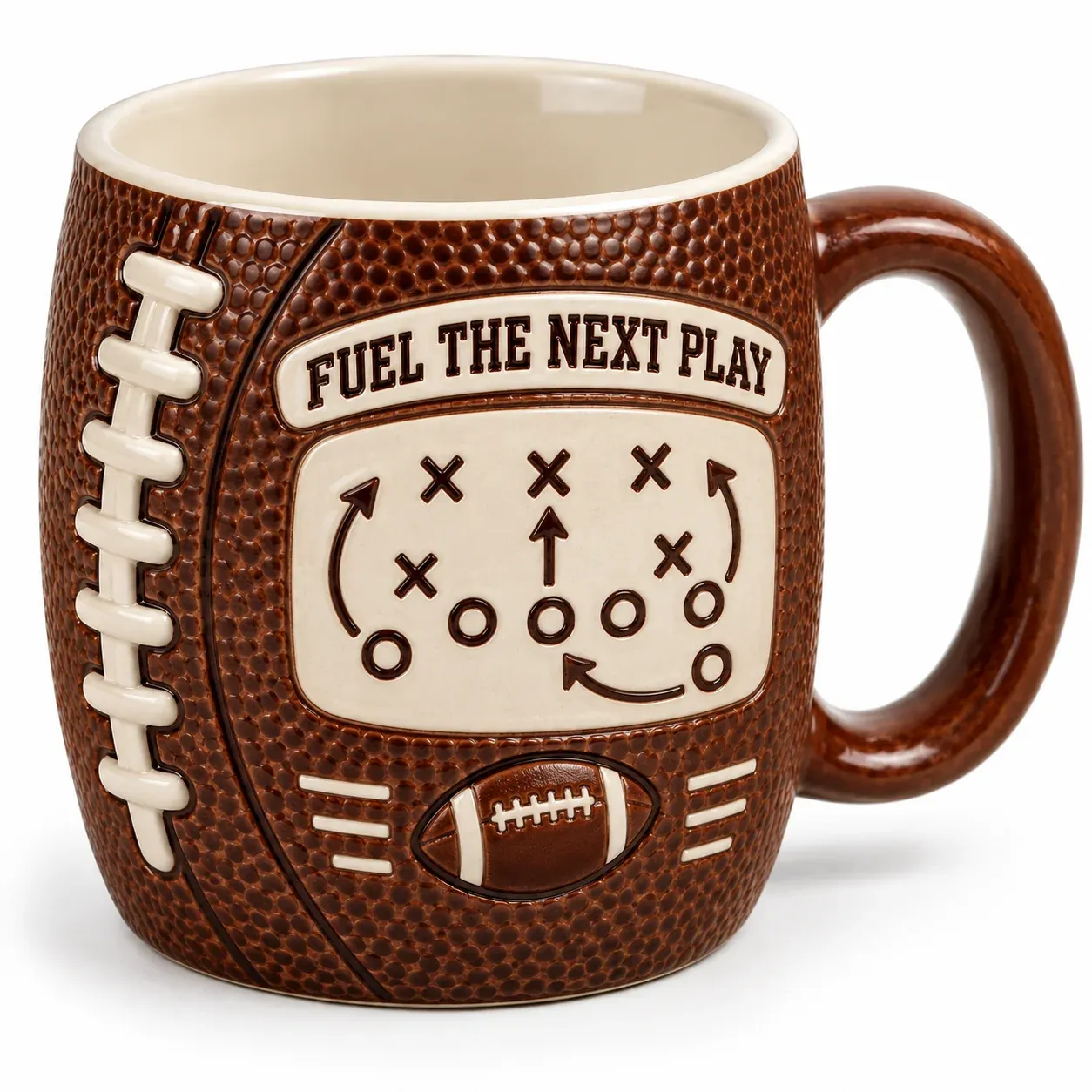 Fuel the Next Play football ceramic mug with playbook diagram