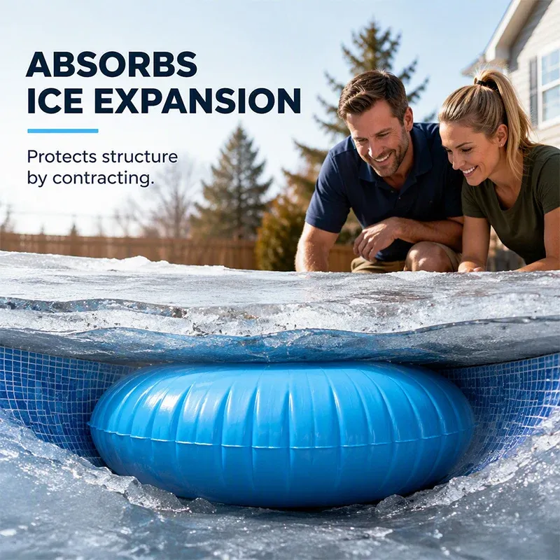 Pool winterizing air pillow cushioning ice expansion