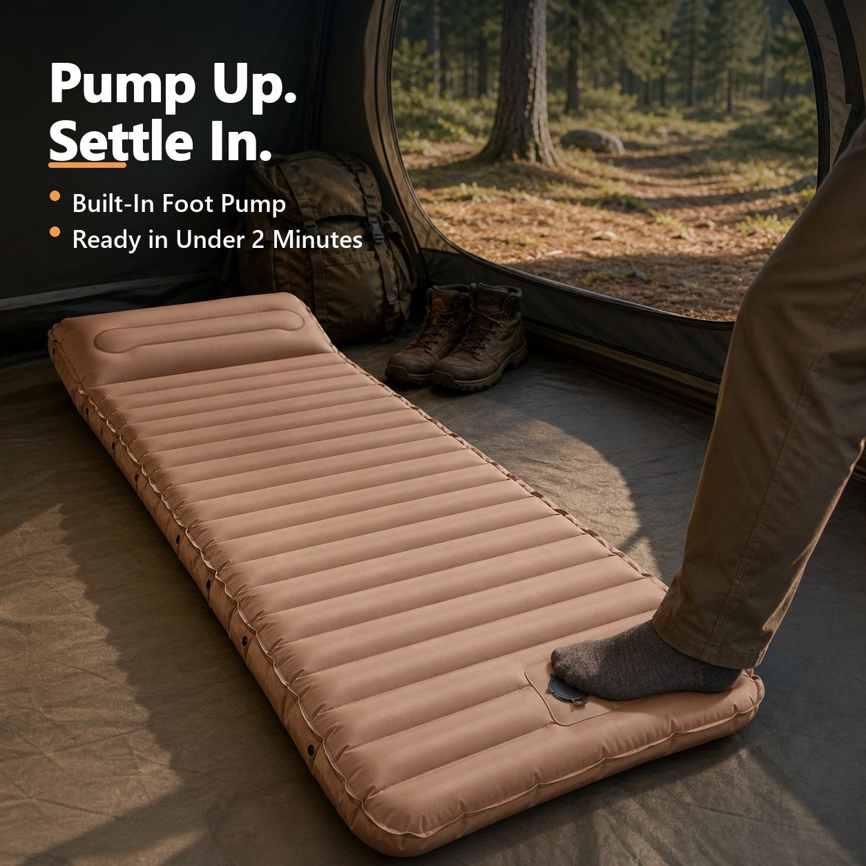 Built-in foot pump inflating the camping mattress inside a tent