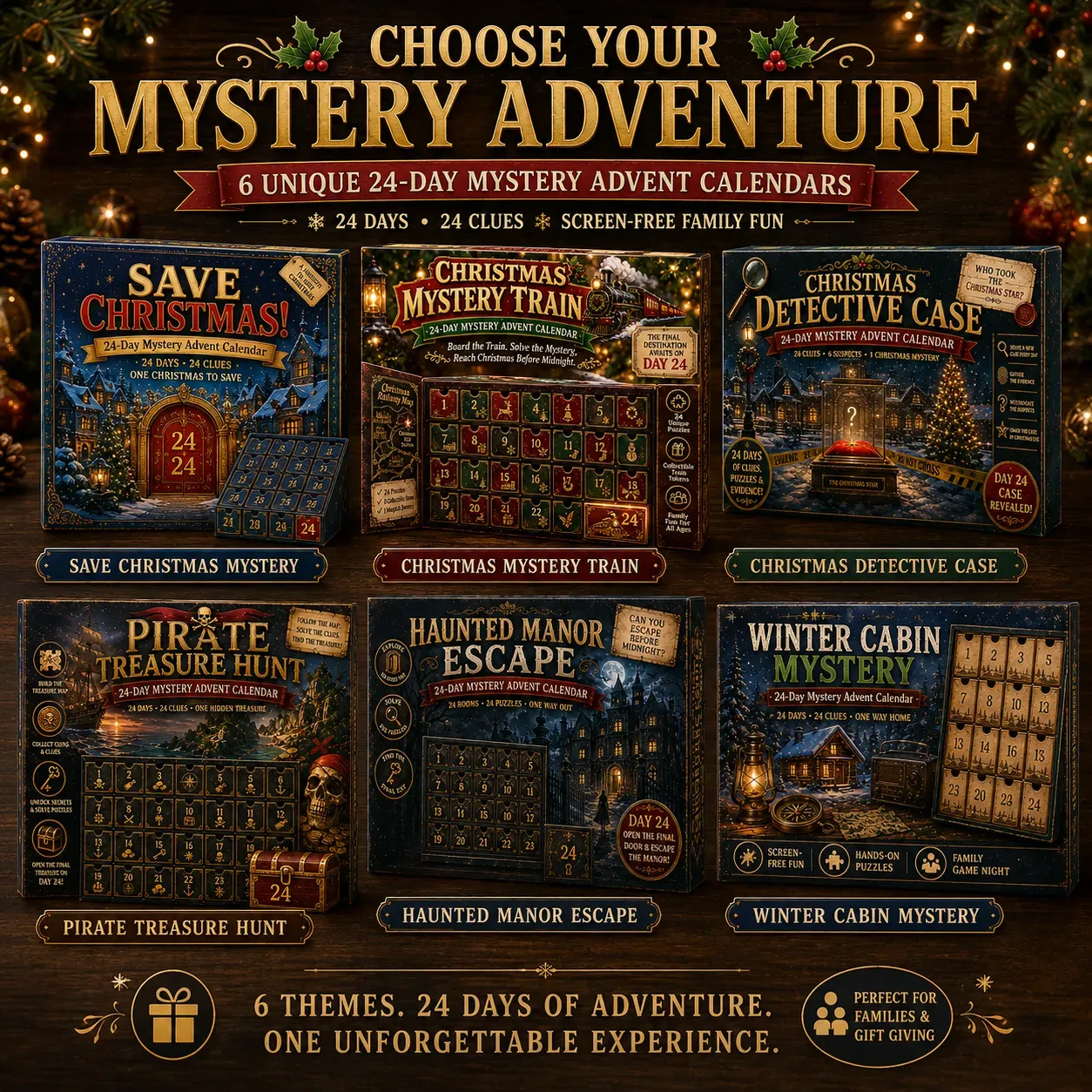 Choose from six 24-day mystery adventure themes