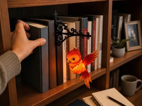 Phoenix light glowing from a bracket inserted between books on a home-office bookshelf
