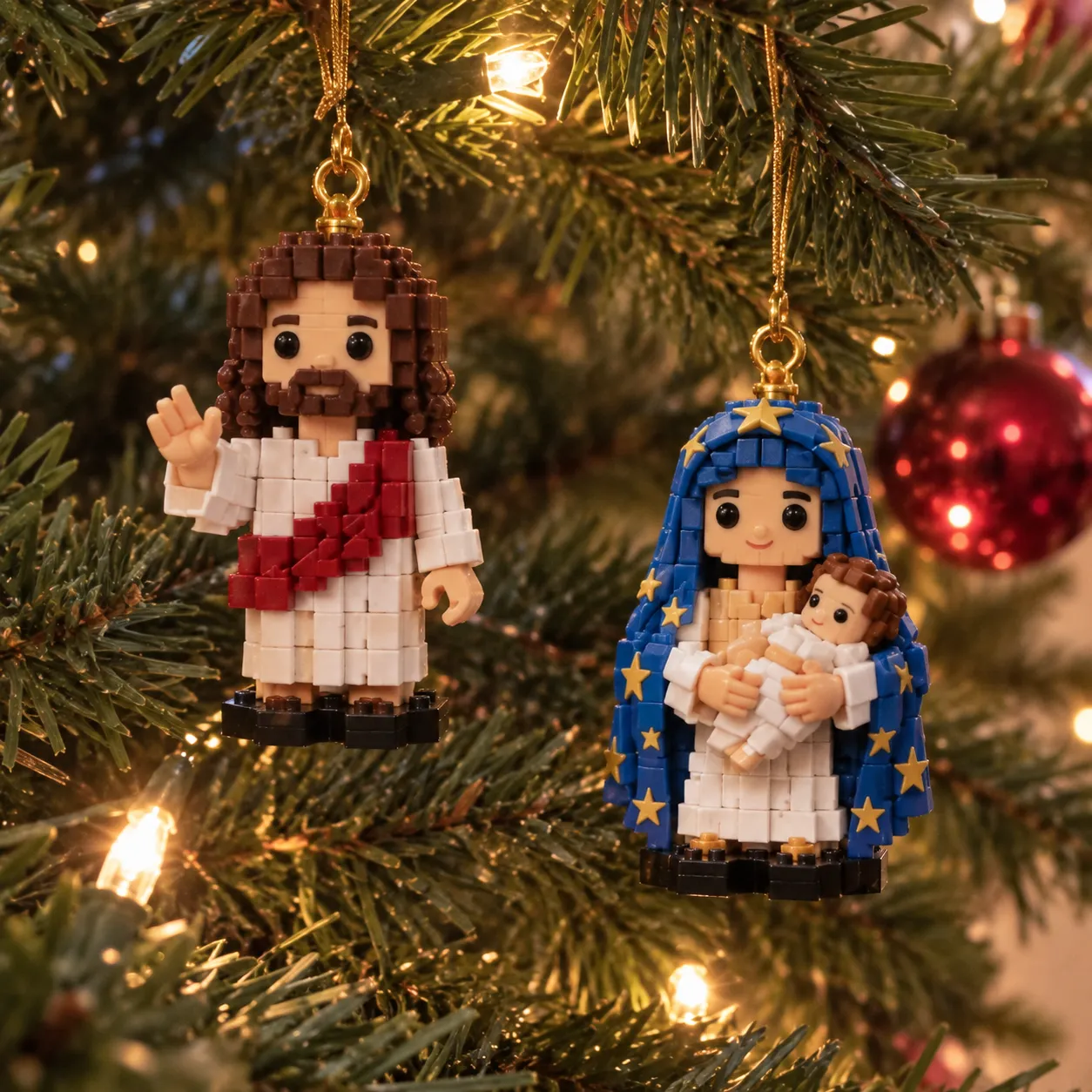 Customer close-up of Jesus and Mary holding Baby Jesus ornaments hanging on a Christmas tree