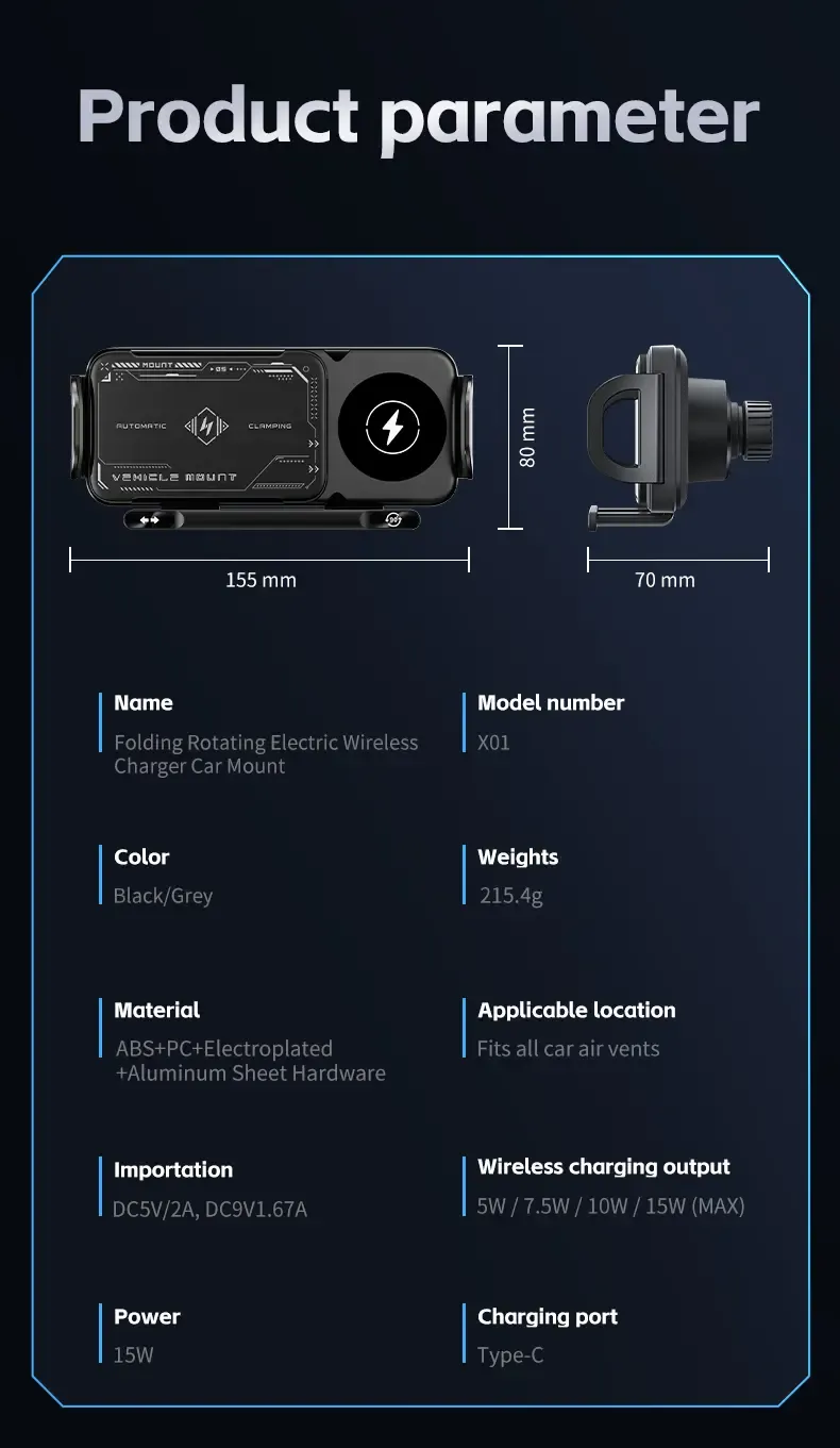 Product Introduction of Wireless Charging Phone Holder Car Mount for Folding Screen/Universal Smartphone, 90° Rotating Car Mount Output Power 15W, Super Stable Air Vent Cell Phone Car Mount with Hook Clip, One Button Release for iPhone, Samsung, Google, and Other Smartphone 17