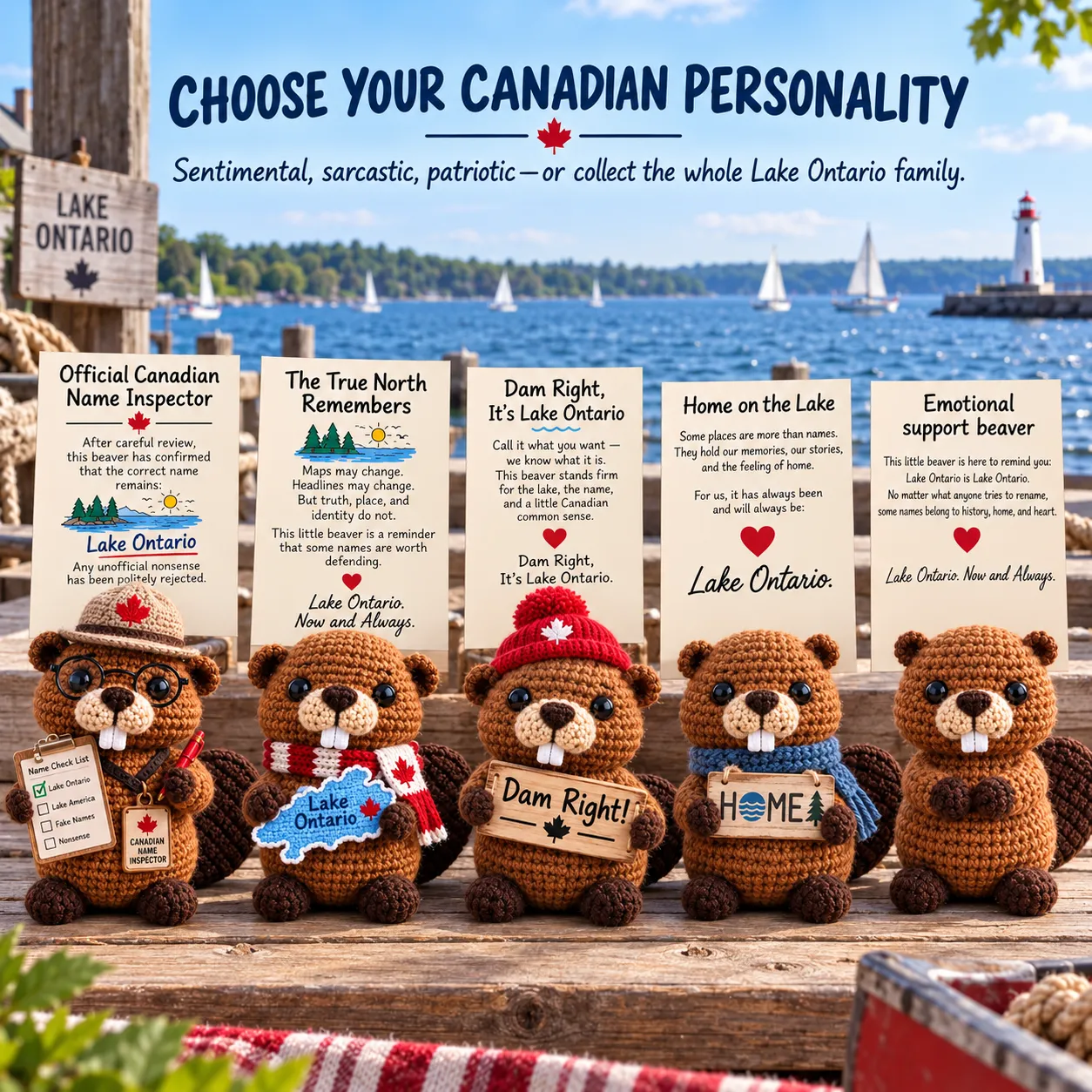 Complete Lake Ontario emotional support beaver collection with five Canadian personalities