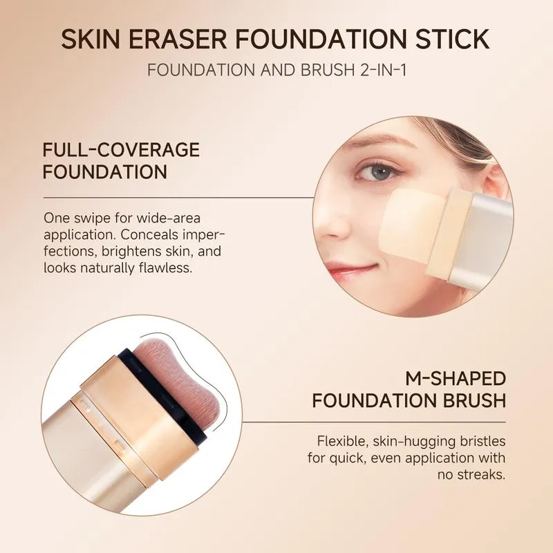 QIANWHITE Luminous Dual-Ended Concealer Foundation Stick with Built-in Brushes Complimentary Puff 24H Long-Lasting Waterproof Sweatproof One-Swipe Even Flawless Base Clear Radiant Skin Foundation Stick