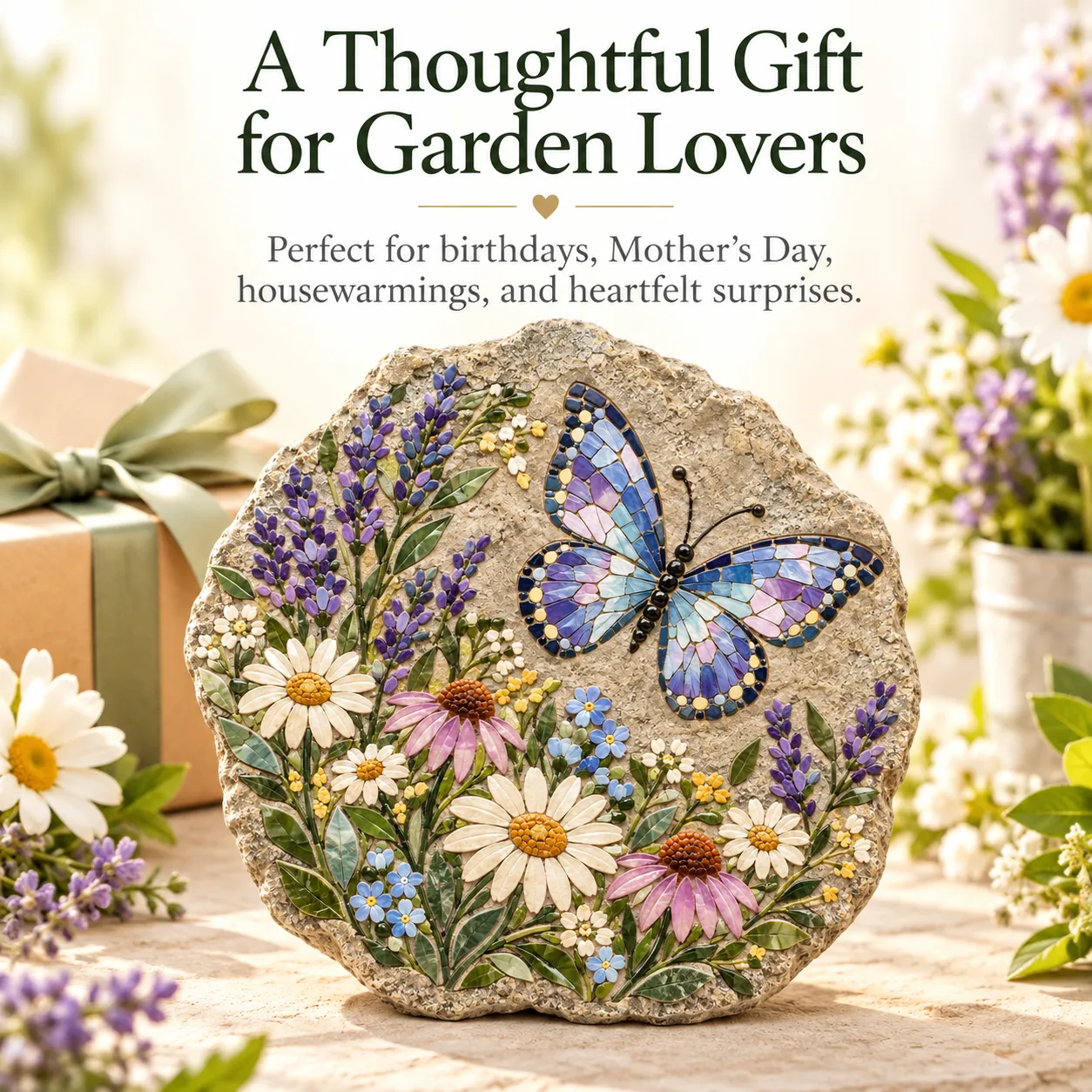 Butterfly mosaic stepping stone kit presented as a thoughtful handmade garden gift