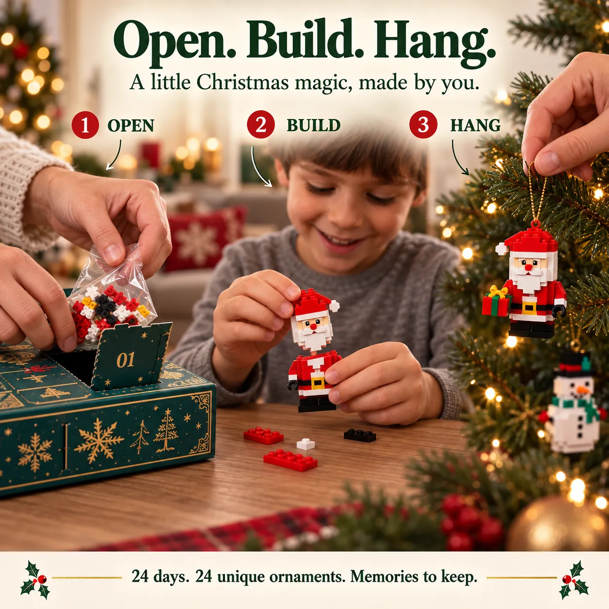 Three steps: take out the day’s bricks, assemble a Santa ornament, and hang the finished Santa on a Christmas tree