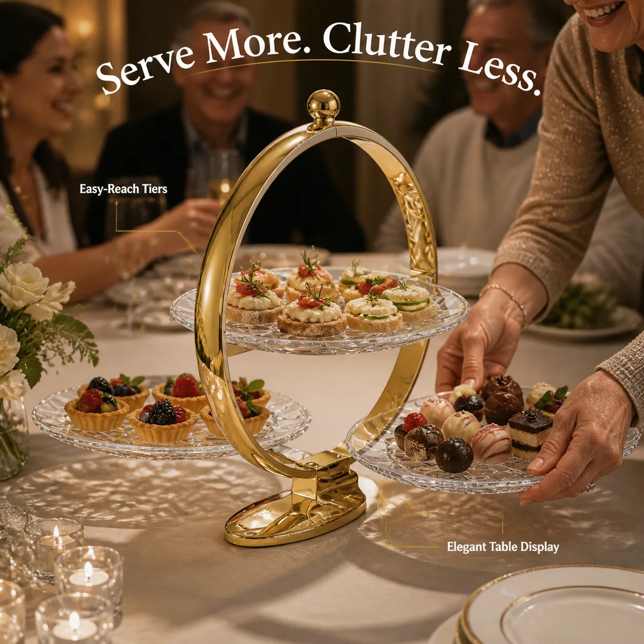 Gold-accented three-tier serving stand at an evening gathering
