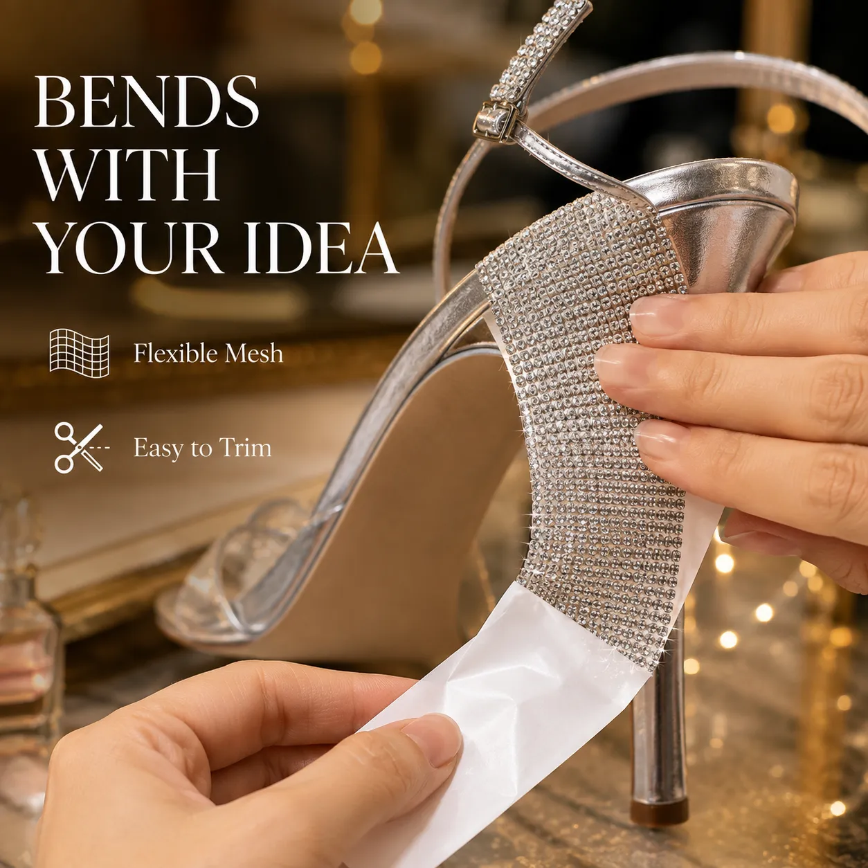 Flexible rhinestone mesh bending around a shoe