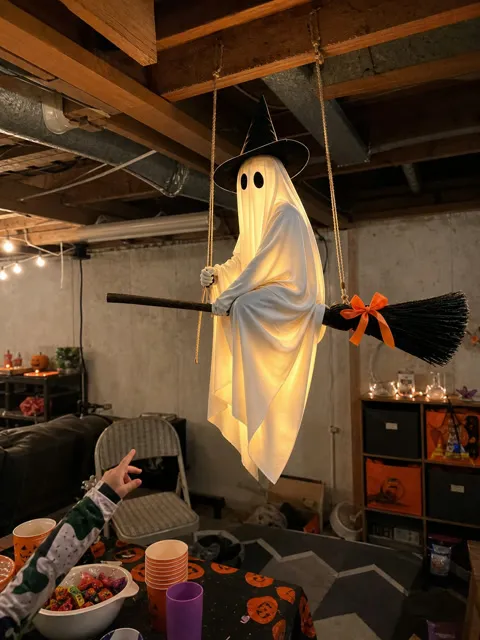 Glowing flying broom ghost hanging above a basement party table