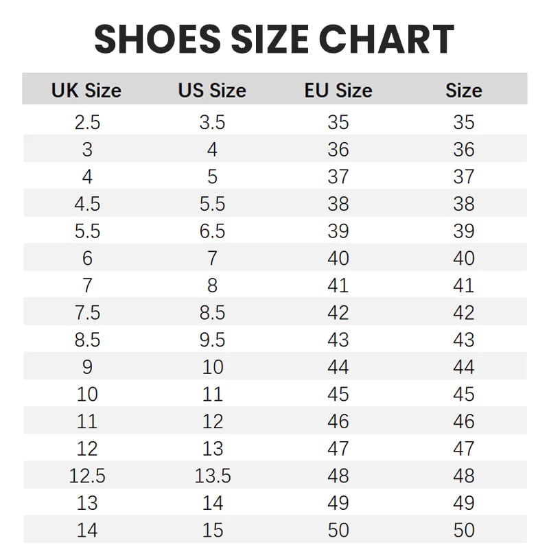Waterproof rain shoe cover size chart