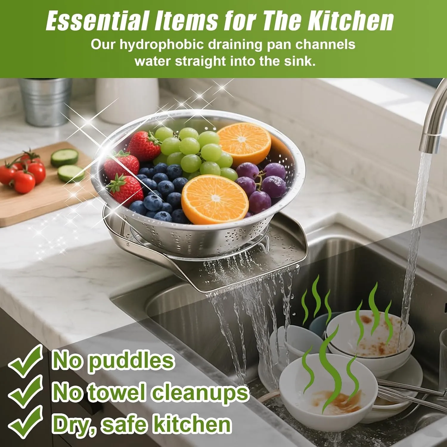 Stainless steel colander draining fruit toward the sink