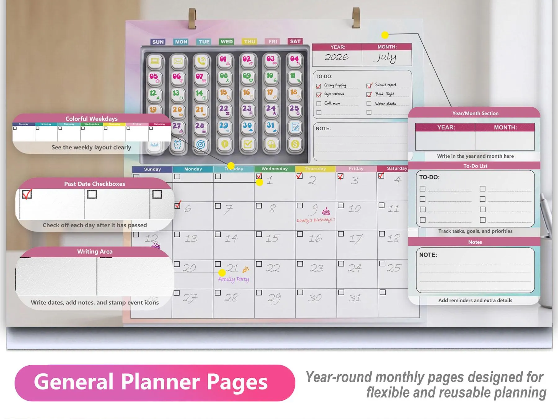 Complete monthly planning layout using reusable desk calendar