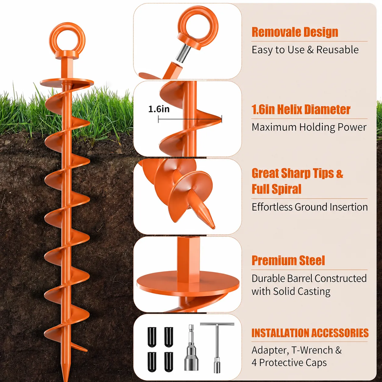 Orange full-spiral ground anchor with included installation accessories