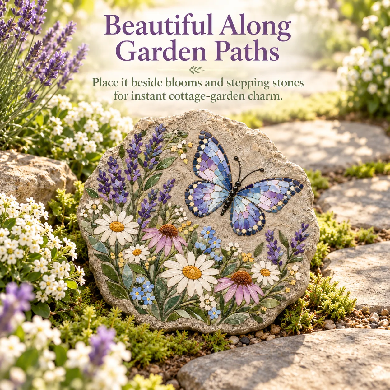 Butterfly Wildflower Mosaic Stepping Stone displayed in garden with flowers