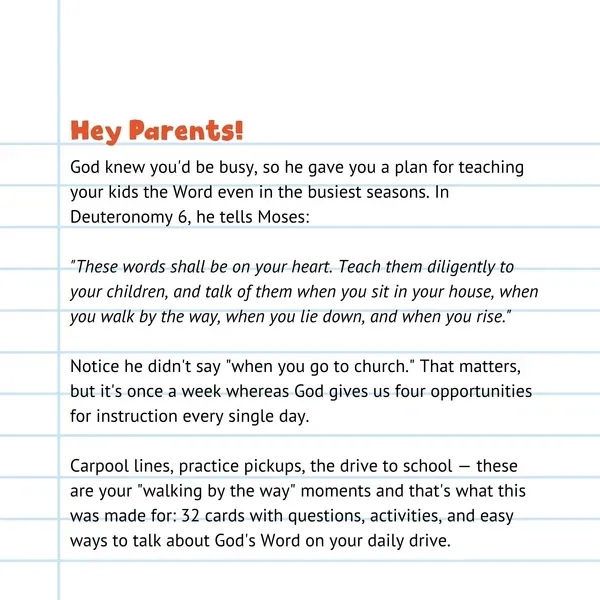 Message to parents from Grow on the Go Bible cards