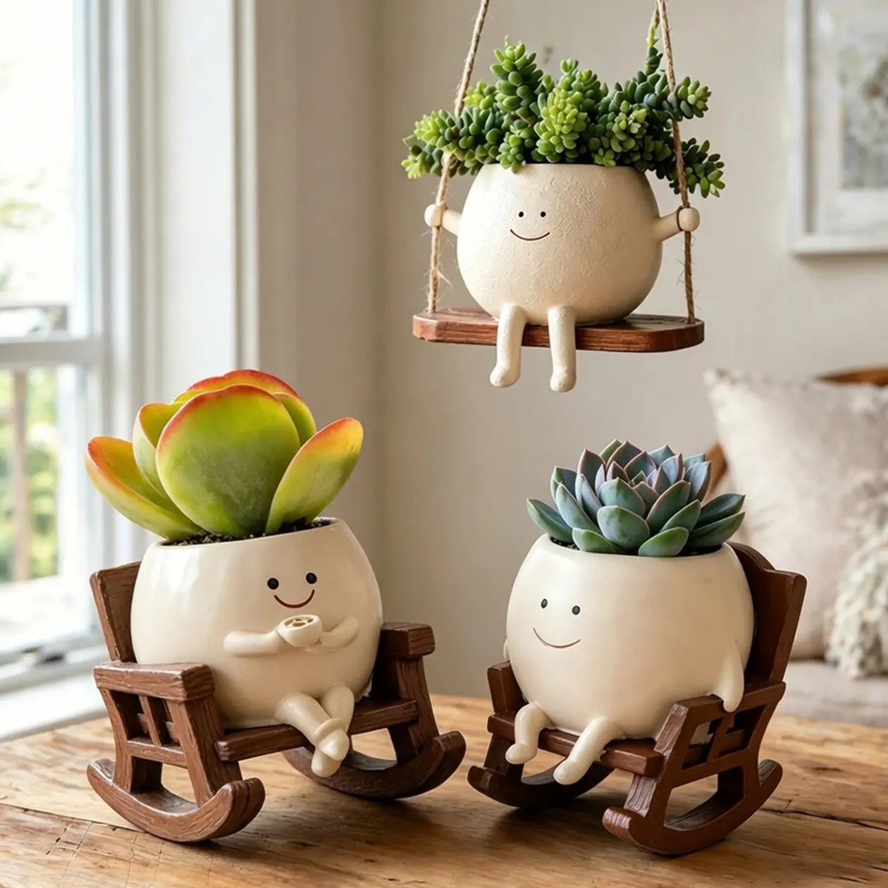Cute Face Planters on Rocking Chairs and Swing Cute Face Planters on Rocking Chairs and Swing