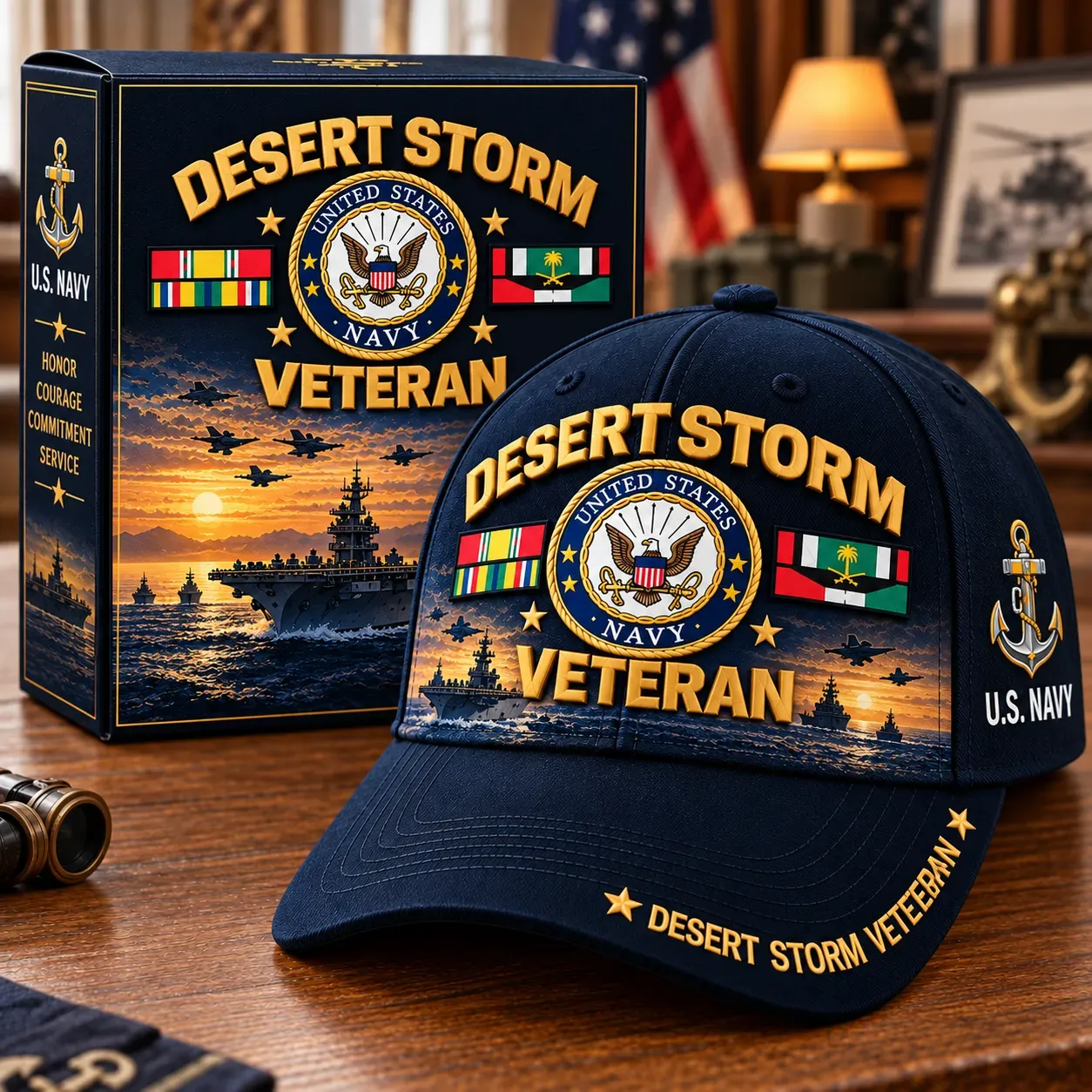 U.S. Navy Desert Storm Veteran cap design shown with display packaging