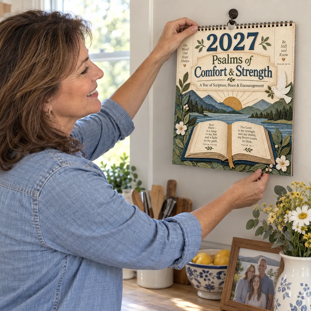 Woman hanging the Psalms wall calendar in her home