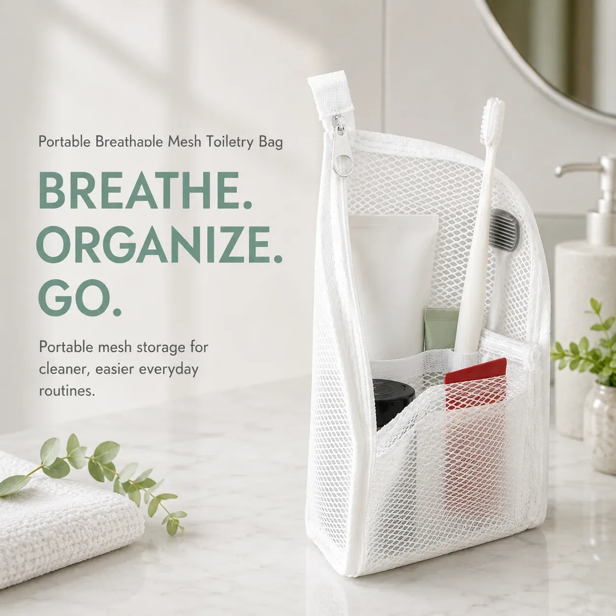 Portable breathable mesh toiletry organizer