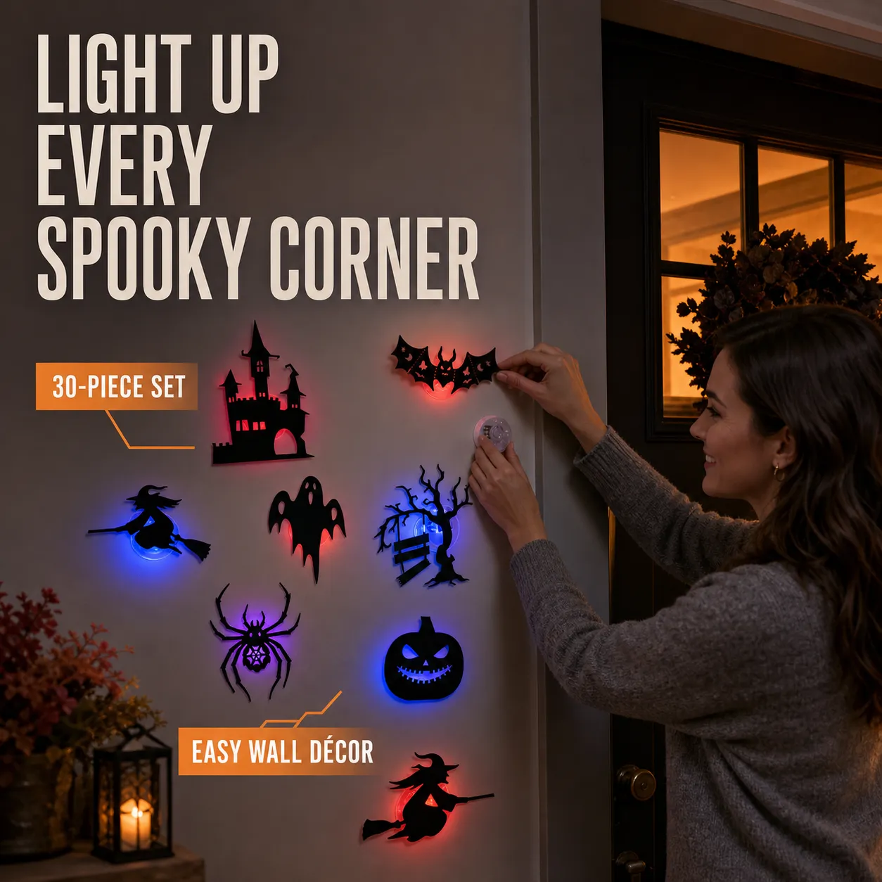 Installing a light-up Halloween silhouette on an entryway wall