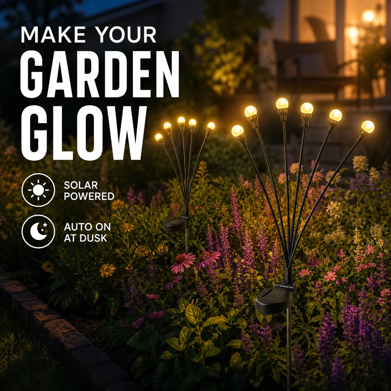 Warm solar lights illuminating a garden