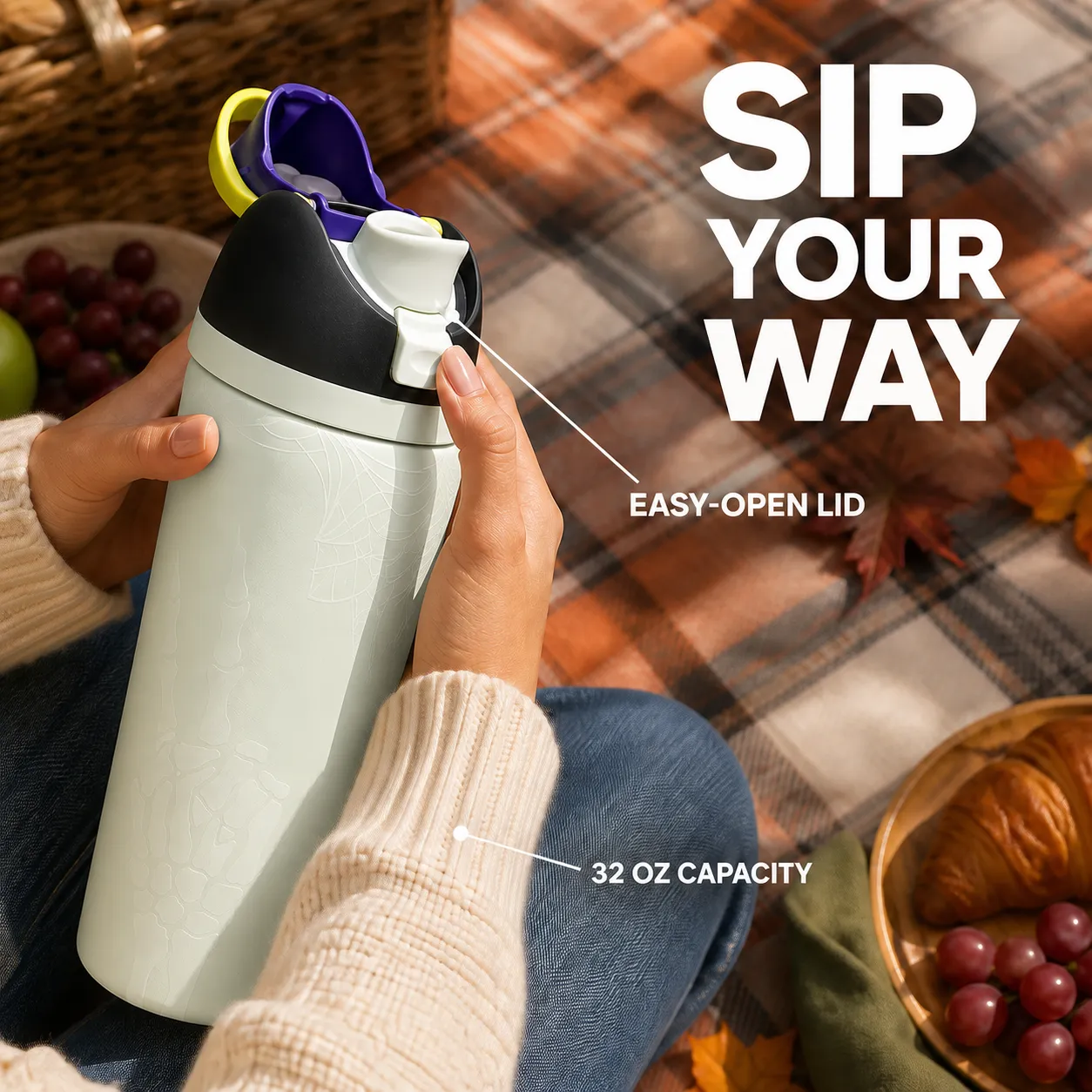 32 oz skeleton water bottle with open flip lid at a fall picnic
