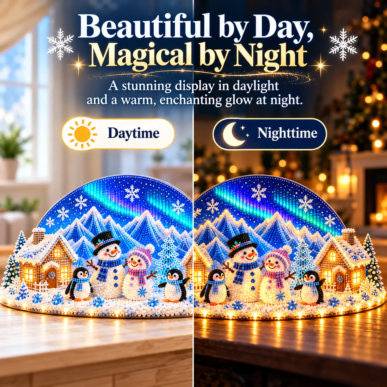 Daytime and illuminated nighttime display examples of the finished winter village