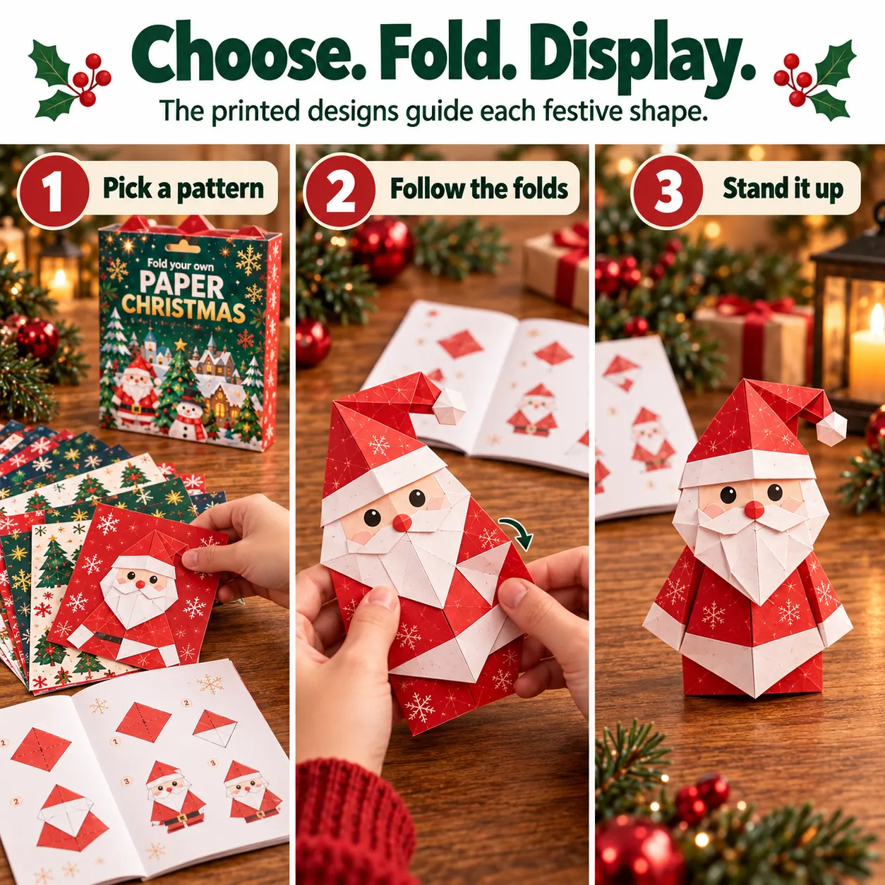Three-part visual guide showing a pattern, folding, and a finished standing Santa