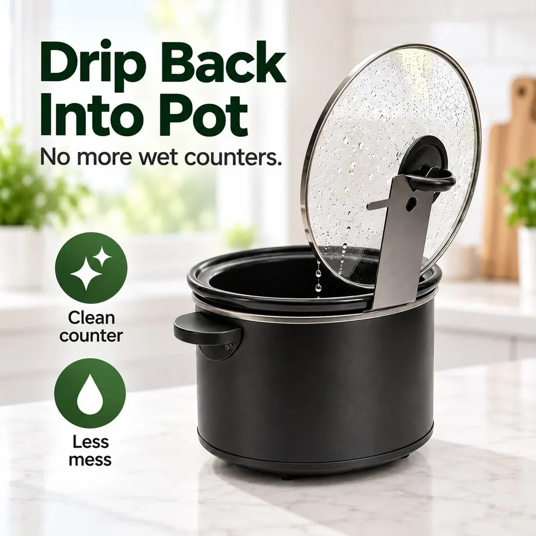 Pot lid held upright on kitchen counter stand