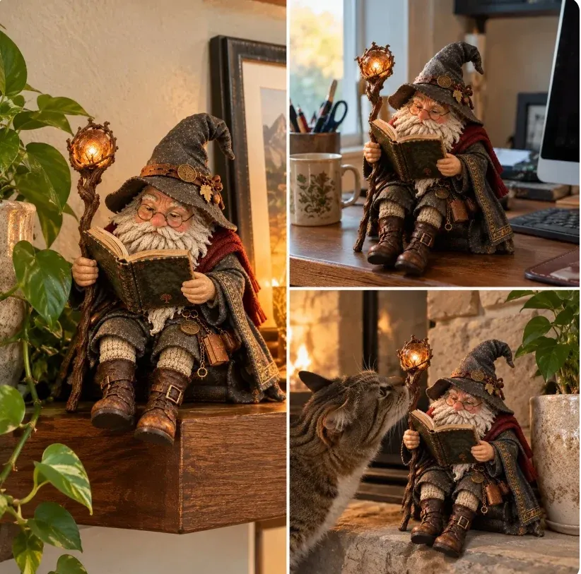 The same scholar figurine shown in several indoor display settings