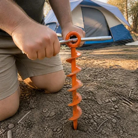 Installing a spiral ground anchor at a campsite