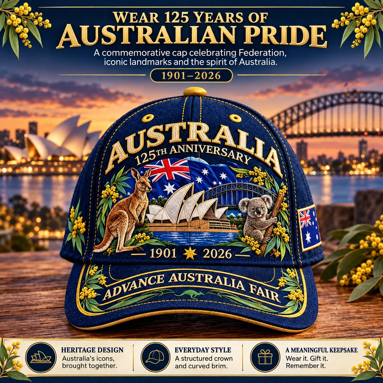 Navy Australia 125th Anniversary cap with Sydney landmarks, native wildlife and 1901–2026 commemorative artwork
