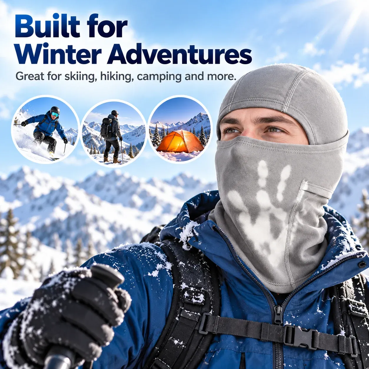 Balaclava worn on a snowy outdoor outing with skiing hiking and camping scenes