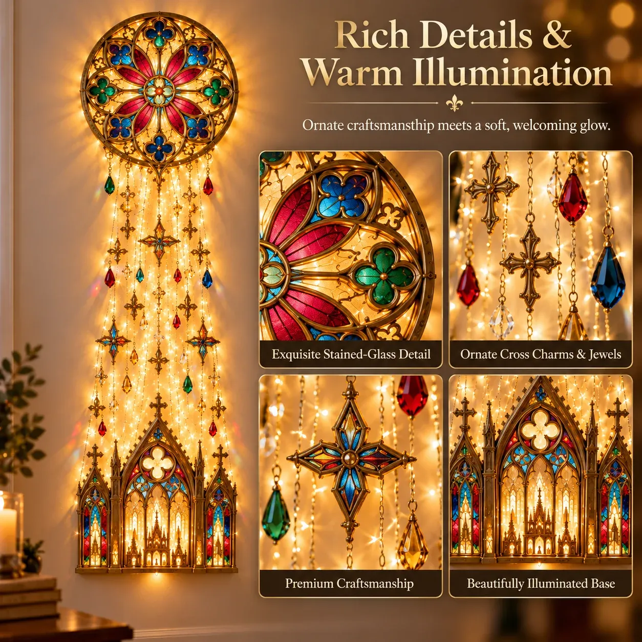 Detailed view of colorful cathedral-inspired wall light with hanging crosses, jewel-like accents and illuminated base