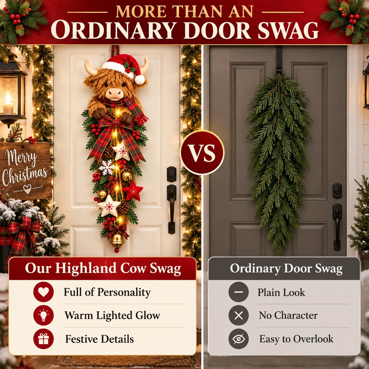 Highland cow Christmas door swag compared with ordinary greenery