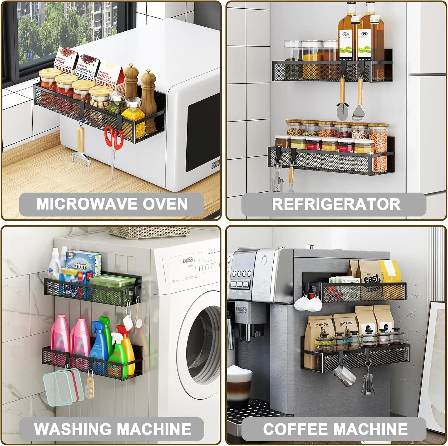 Magnetic rack used on a refrigerator, washer, microwave, and coffee machine