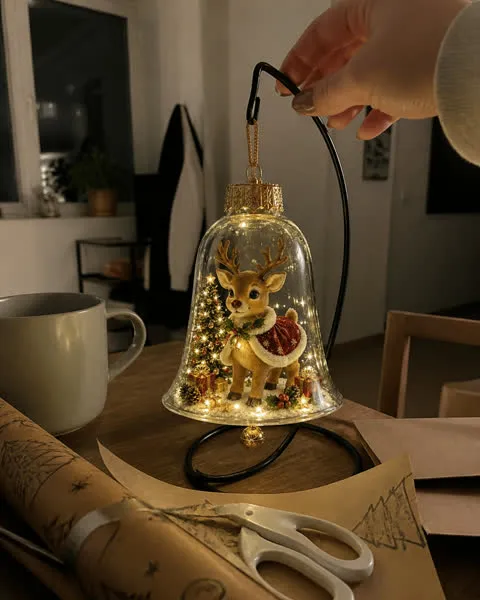 Reindeer light-up bell ornament near a holiday wrapping project