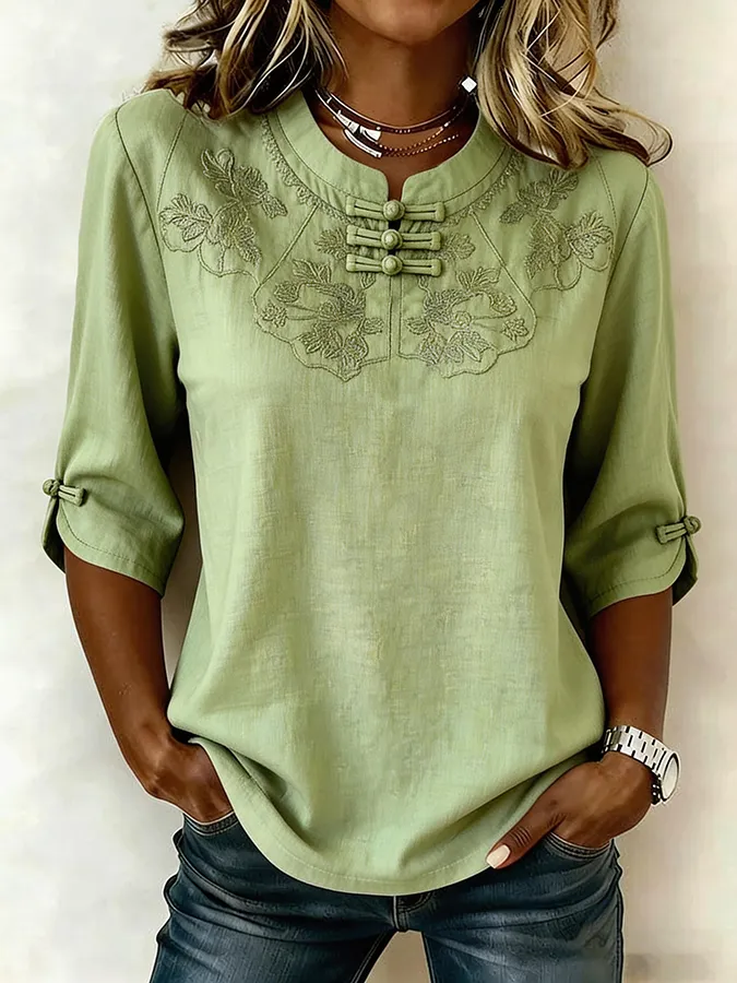 🔥Versandkostenfrei ab 79.99 €🔥Damen-Top aus Baumwolle und Leinen mit ...