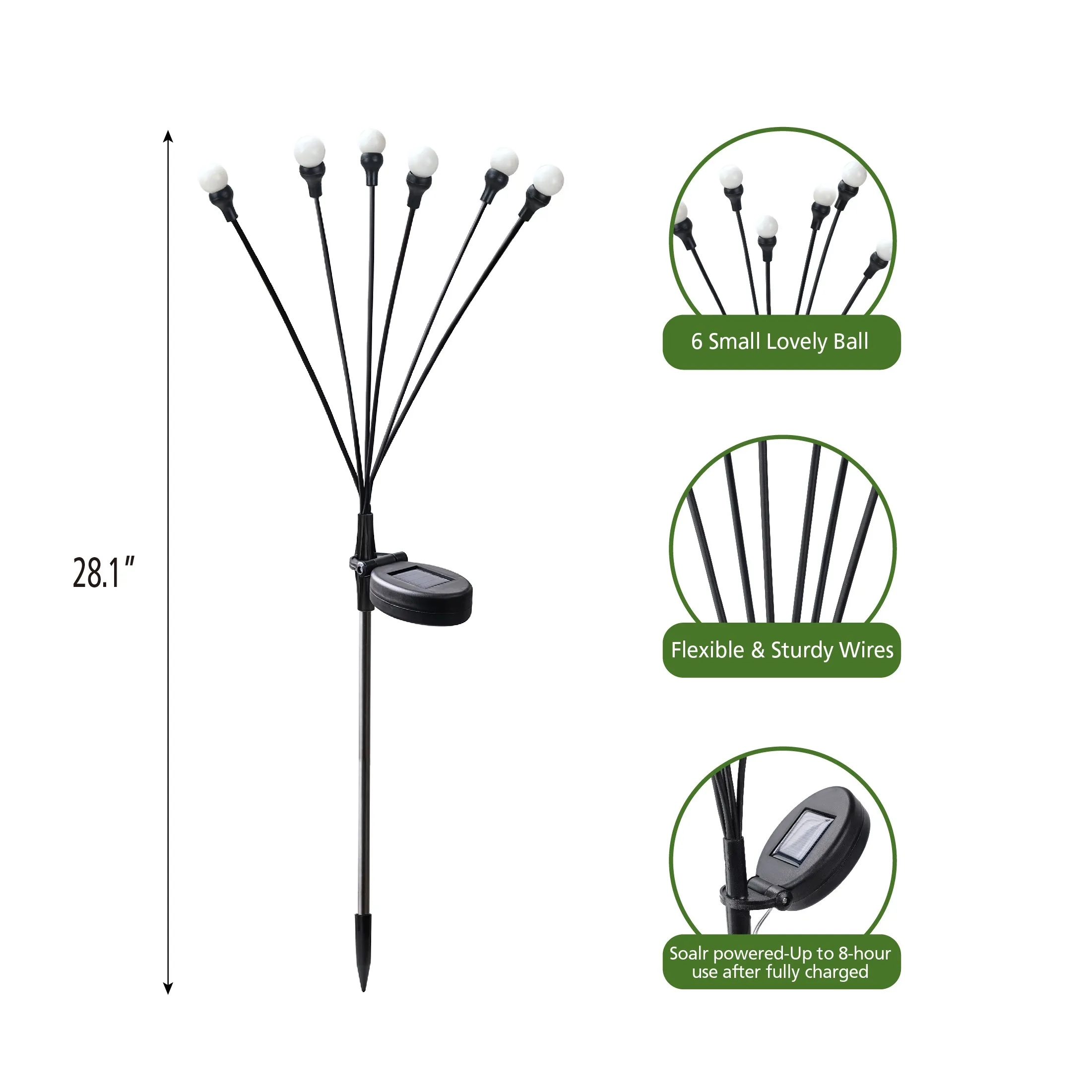 Solar stake with flexible stems and warm globe bulbs