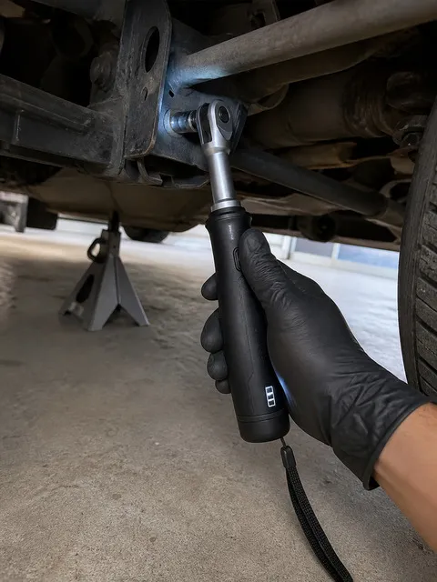 Customer-style smartphone photo using the black power ratchet beneath a pickup truck