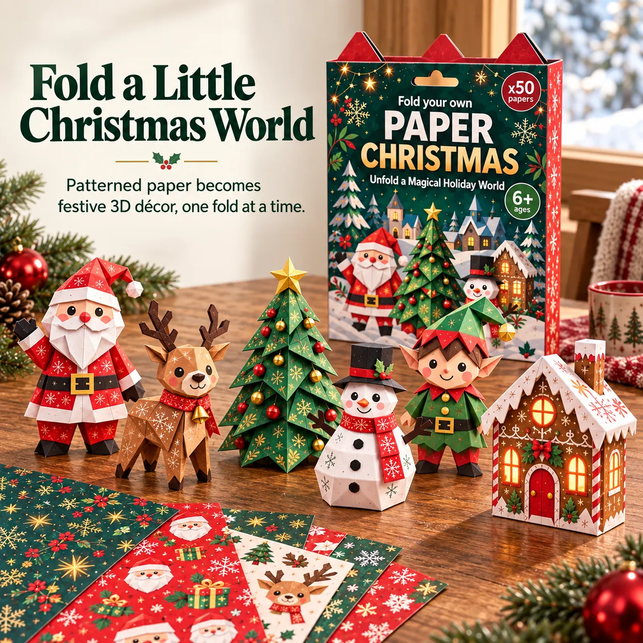 Five themed Christmas paper craft kits with finished folded characters