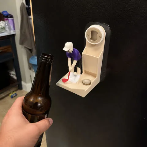 Golf bottle opener mounted on a family refrigerator
