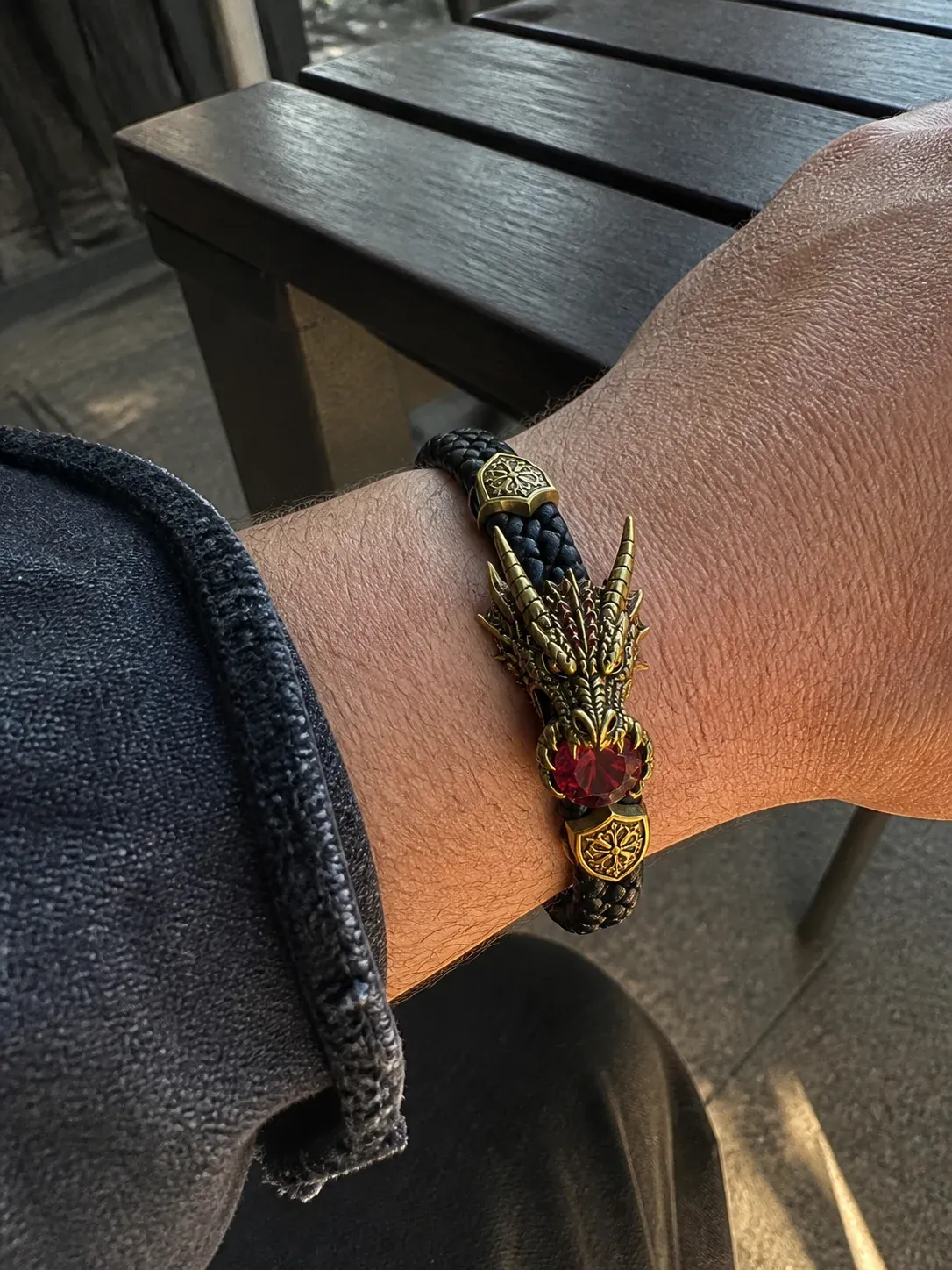 Fire Wyrm dragon bracelet worn on the wrist