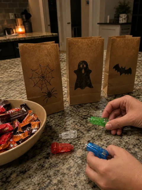 Four colored finger projectors beside Halloween goodie bags