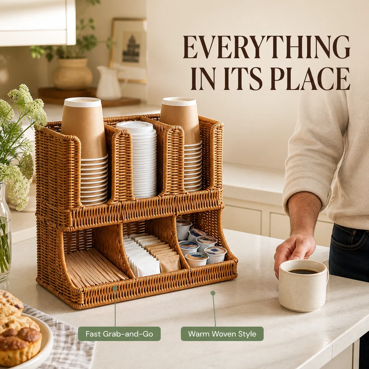 Woven cup and condiment organizer ready for an easy breakfast bar