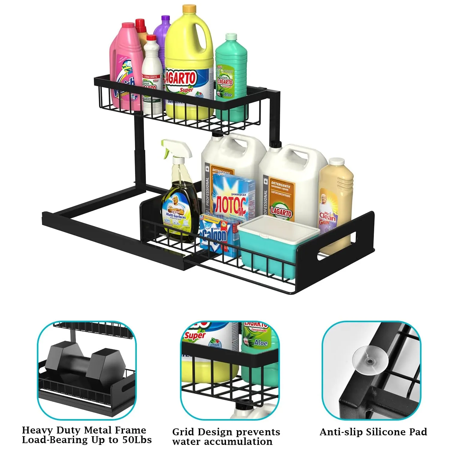 Close-up product features and organizer construction